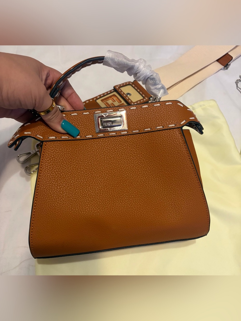 Fashion Tan Leather Peekaboo Crossbody With Cream Mono Canvas Guitar Strap - Picture 4 of 16